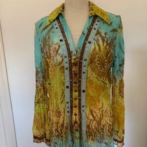 Long Blouse Gypsy Tie Die Style turquoise yellow size Large (EUR40)
